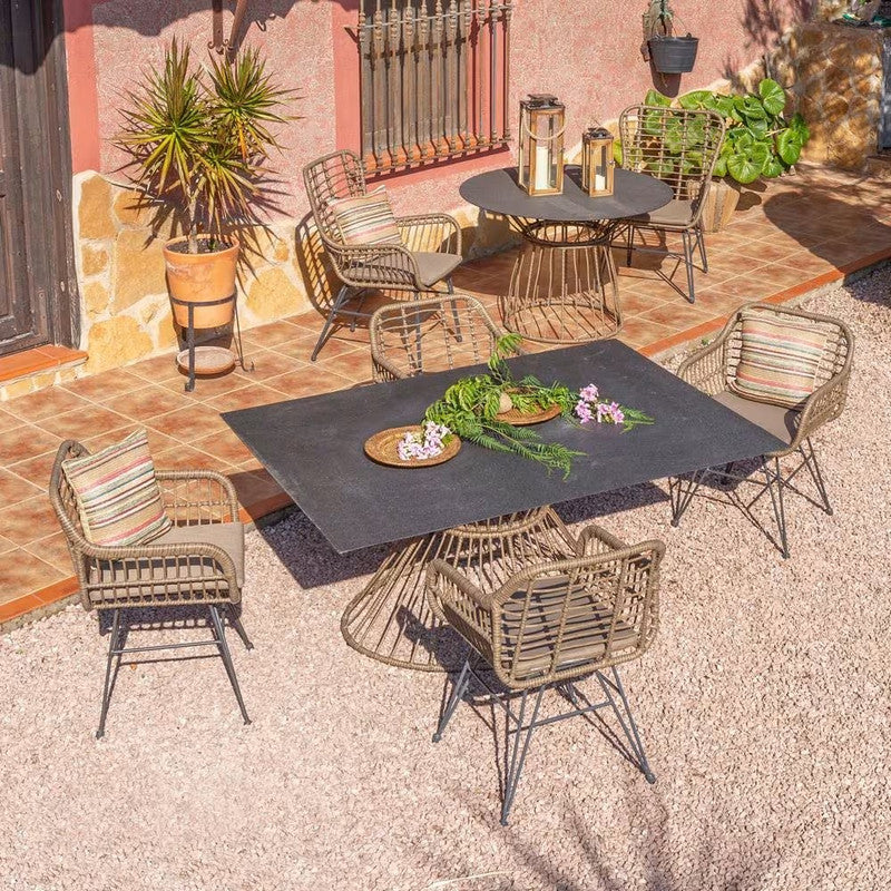 Dining Table 6-8 People Glass and Black Synthetic Rattan