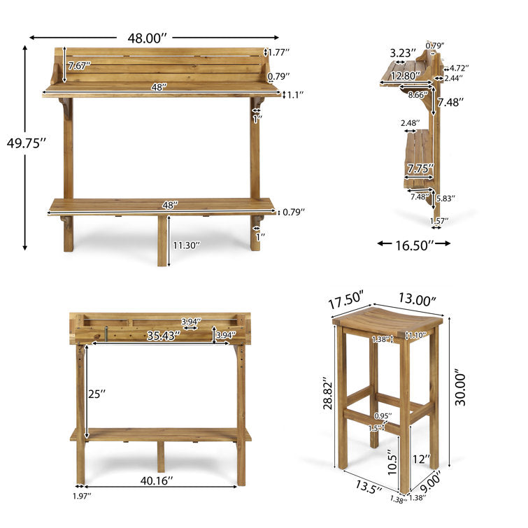 Solid Wood Bar Set with Stools